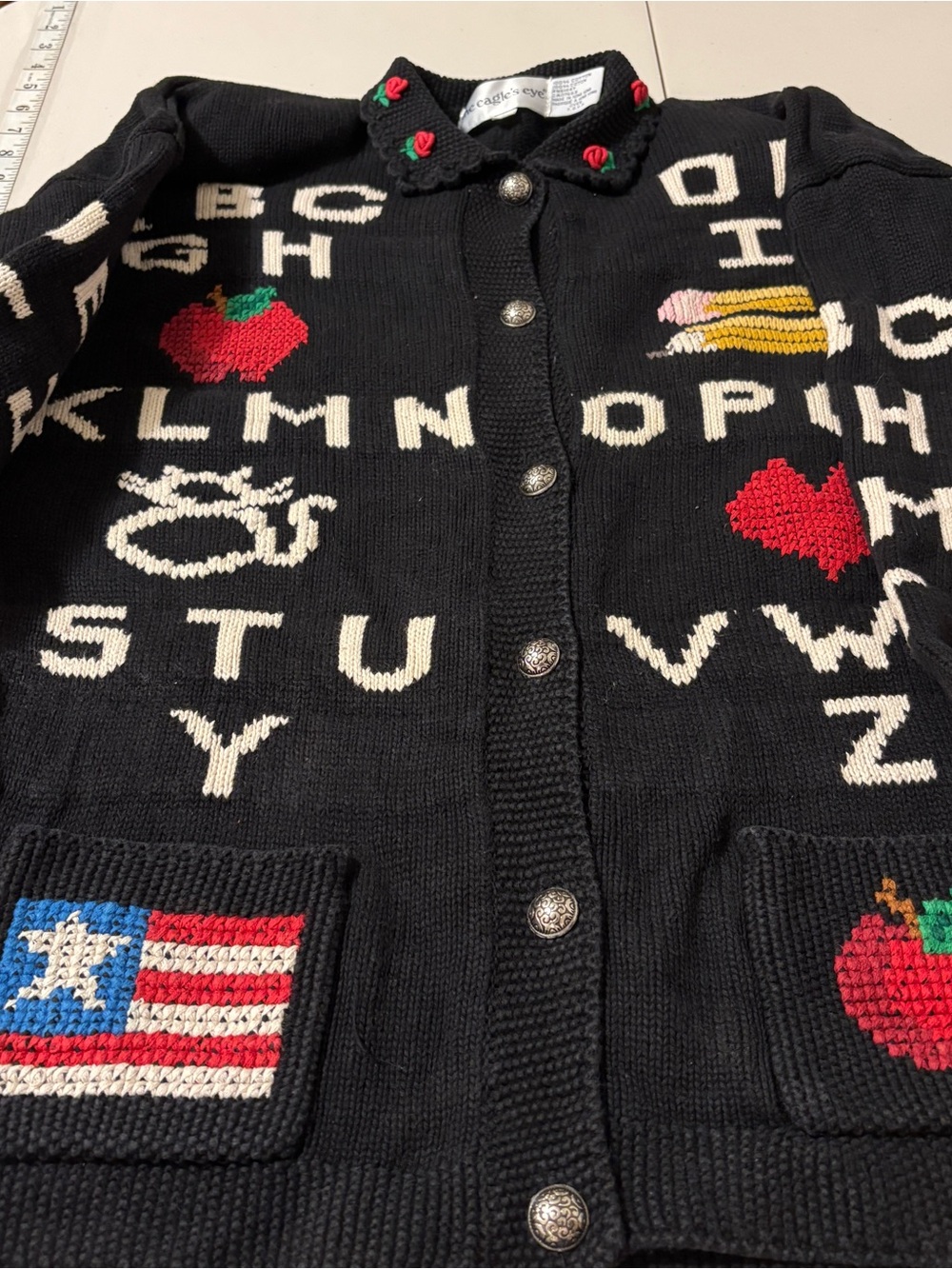 Vintage Novelty Alphabet Sweater Size S Black Grandma Teacher Cat Cottagecore - Picture 8 of 8